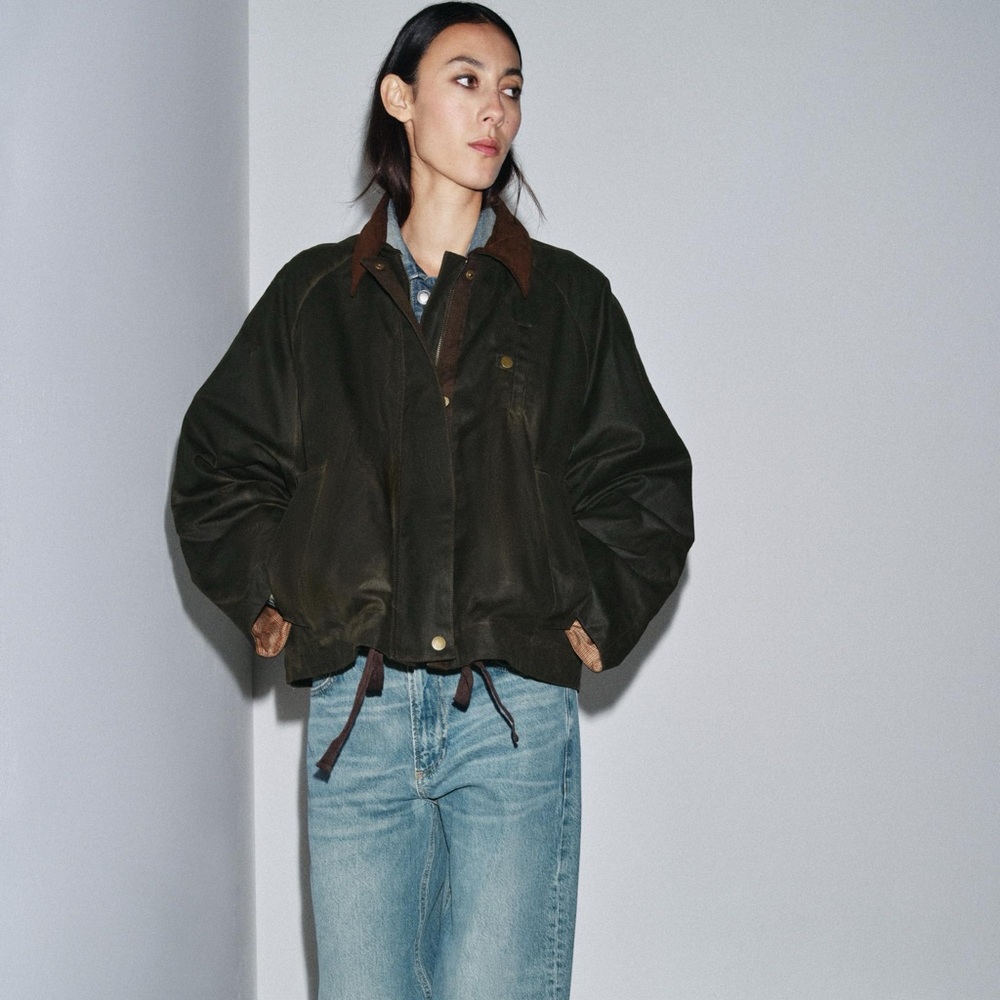 ZARA Contrast Corduroy Collar Oversized Waxed Cotton Jacket, Chore Coat. XS NWT